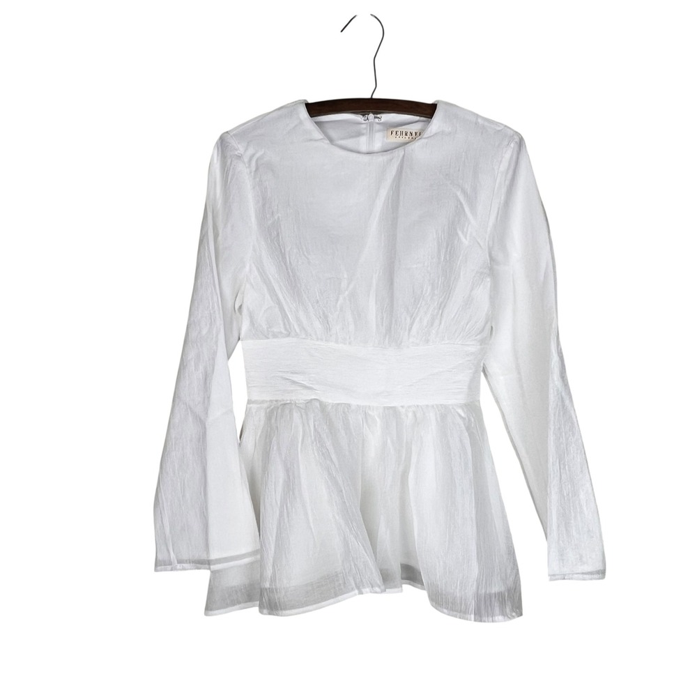Fehrnvi Apparel White Textured Peplum‎ Blouse Long Sleeve Tencel FNV033 Small